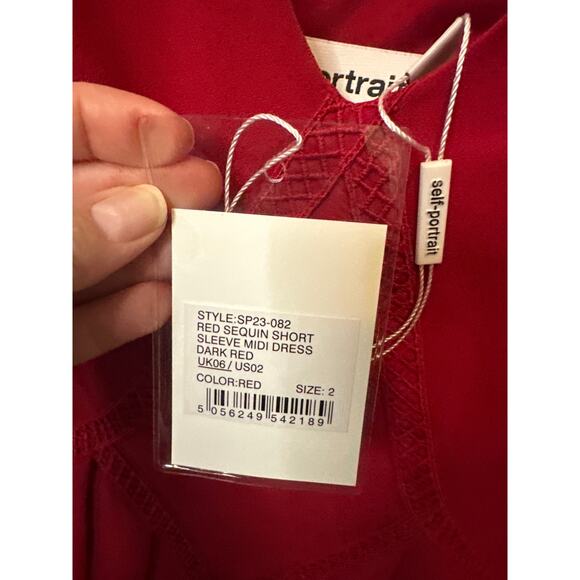 Self-Portrait Red Sequin Puff Sleeve Midi Dress Size 2 NWT - Picture 6 of 11